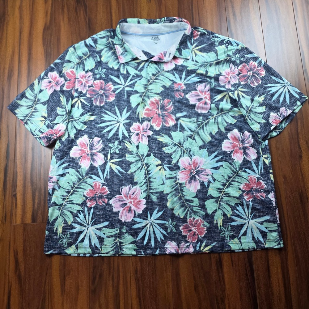 Izod Saltwater Mens 3XL Tropical Floral Palm Print Polo Shirt Navy Pink Green